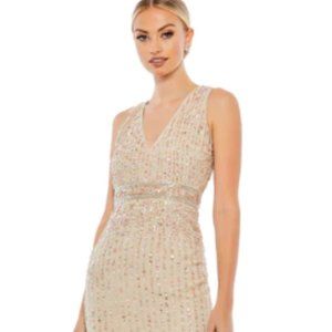 MAC DUGGAL 70267 SEQUINED SLEEVELESS V-NECK NUDE MIDI DRESS sz 14
